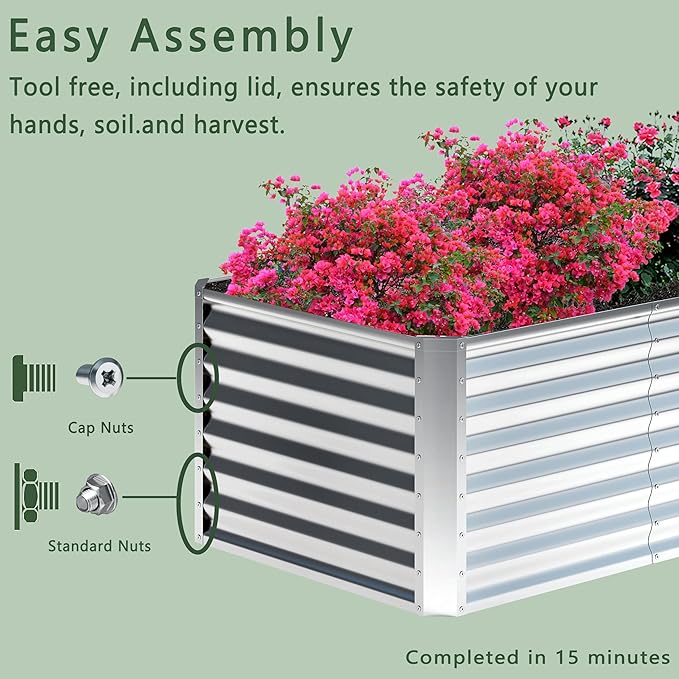 2PCS 8x2x1FT Galvanized Raised Garden Bed,Planter Raised Beds-Metal Garden Box,Large Plant for Outdoor Planting, Vegetables Bed，Flower,herb-Silver