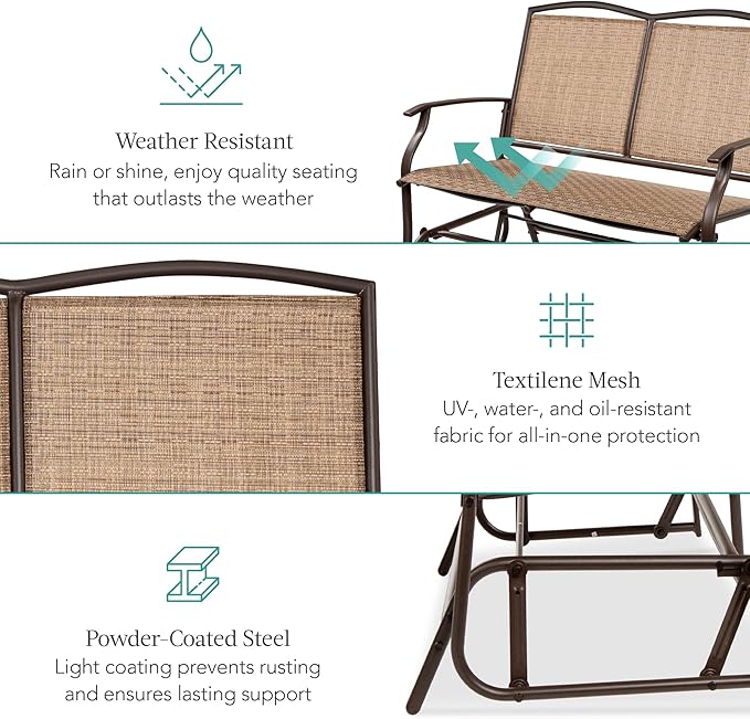 Best Choice Products 2-Person Outdoor Patio Swing Glider Steel Bench Loveseat Rocker for Deck, Porch w/Textilene Fabric, Steel Frame - Brown