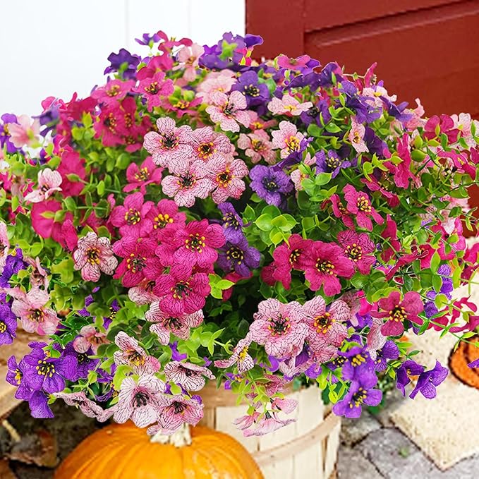 Artificial Flowers for Outdoor, UV Resistant Fake Silk Flowers, Realistic Faux Plants for Outside Indoor Porch Patio Window Box Planter Home Decor (20, Purple Rosy Pink)
