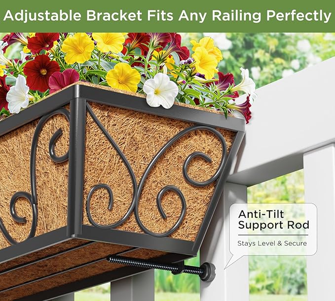 Y&M 24 Inch Window Deck with Coco Liner, Fence Metal Hanging Flower Planter Window Basket Deck Railing Planter Boxes for Outdoor Garden Lawn-Butterfly,2pcs