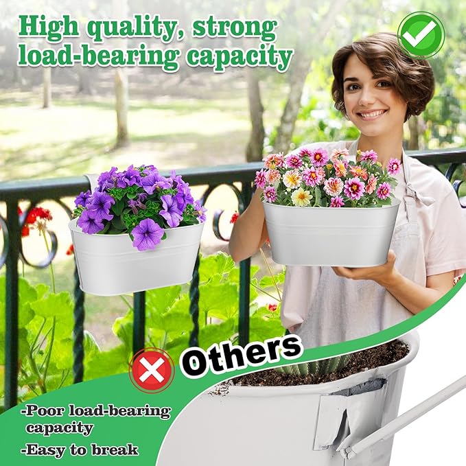 MADHOLLY Railing Planter with Drainage Holes - 6Pcs Sturdy Bucket Pots for Railing Fence, Countryside Style Metal Flower Pots for Herbs Balcony Garden Yard Decor, White