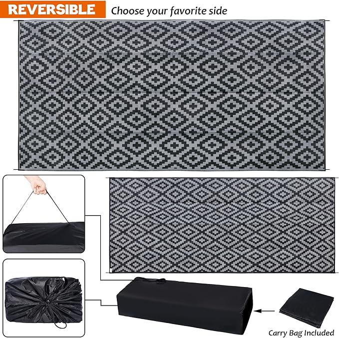 SAND MINE Waterproof Outdoor Rug 10x20 ft, Plastic Reversible Rug, Modern Area Rug, Large Floor Mat for Outdoors, RV, Patio, Backyard, Deck, Picnic, Beach, Camping