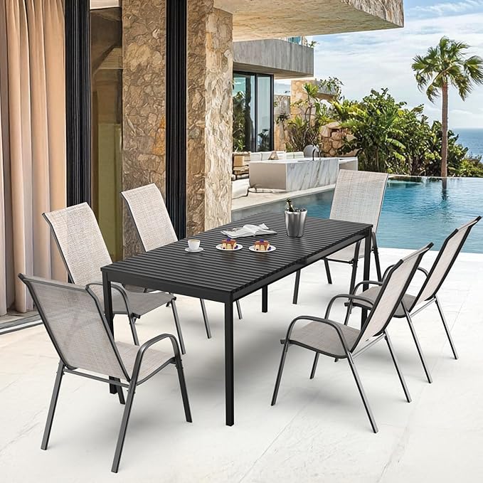 VINGLI Patio Chairs Set of 6 – Stackable Outdoor Dining Chairs with Comfortable Sling High Back Chairs and Armrests for Lawn, Poolside, Courtyard, Balcony, Garden, Yellow