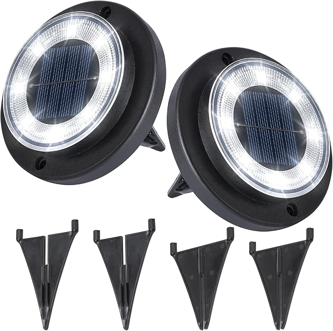 Flacchi Solar Lights Outdoor - Solar Powered Ground Lights Outdoor Solar Disk Light Waterproof Landscape Light for Patio Yard Pathway Walkway Driveway (Cool White, 2 Pack)