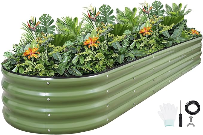 G GOOD GAIN Raised Garden Beds - 8x2x1ft Galvanized Planter Boxes Kit with Protective Tape & Gloves & Tools | Oval Metal Outdoor Raised Bed for Gardening Vegetables, Fruits, Flowers, Herbs, Oliver