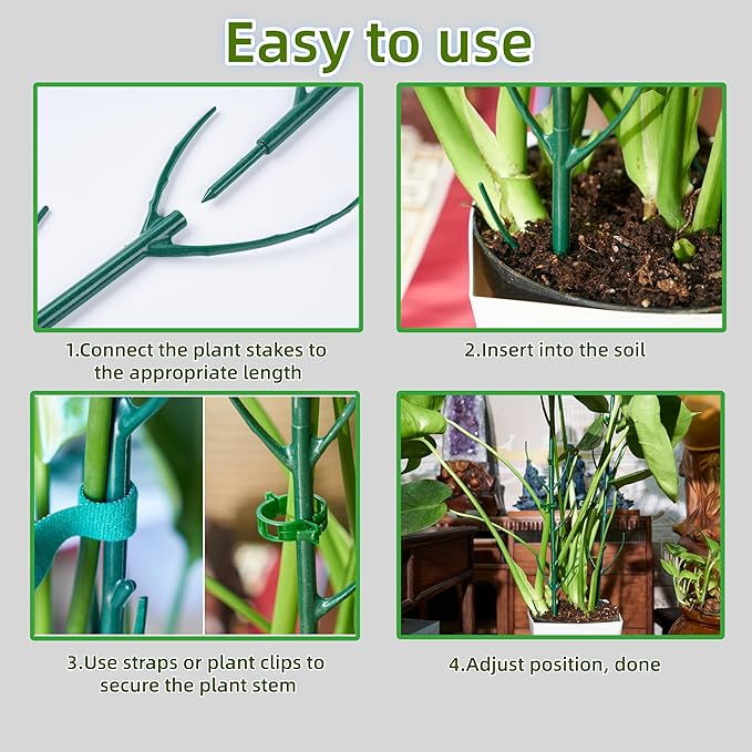 10 Pack Adjustable Plant Support Stakes,Stackable Plant Support Pole with Garden Ties and Clips, Suitable for Monstera,Climbing Plants and Indoor Outdoor Plants