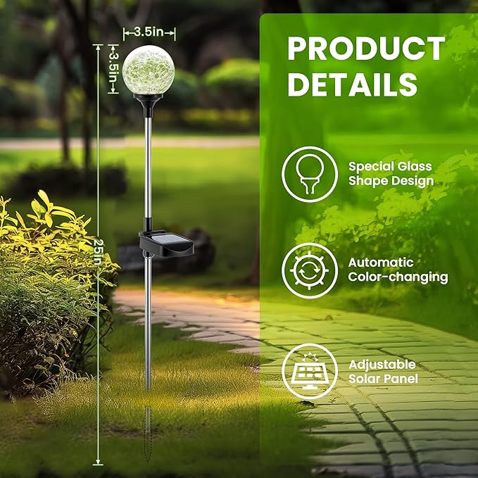 GIGALUMI Solar Garden Lights 6 Pack, Outdoor Solar Lights for Yard Decorative, Christmas Lights Outdoor Decorations Waterproof, Multi-Colored Changing Garden Globes Cracked Glass Ball with LED Lights