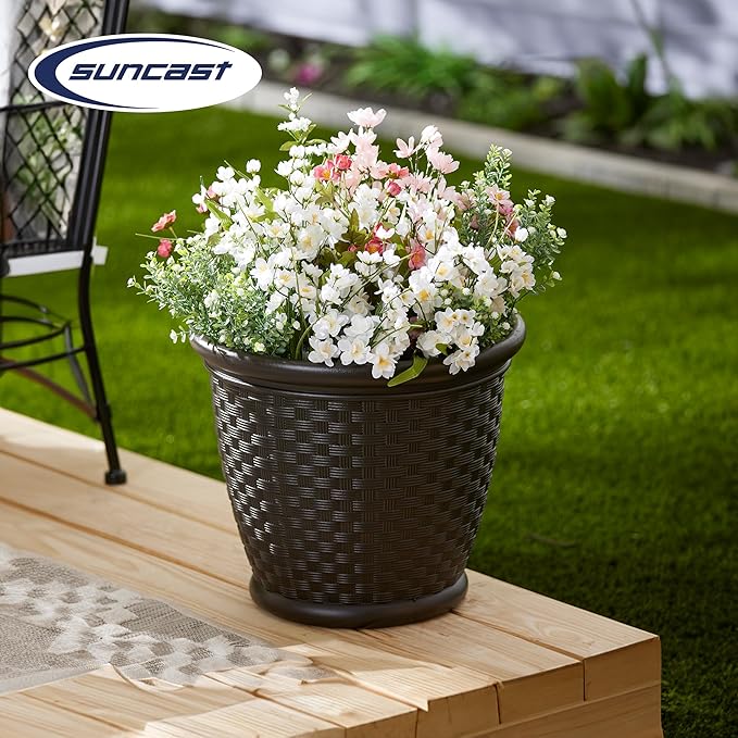 Suncast 4 Pack Sonora 18 Inch Lightweight Durable Plastic Wicker Decorative Flower Planter Pot for Yard, Garden, Indoor or Outdoor Use, Brown