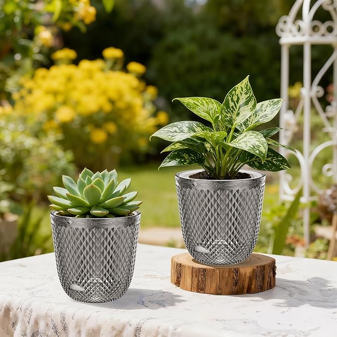 QCQHDU 2 Pack Self Watering Pots, 5.7 Inch Flower Pots with Drainage Holes and Water Filling Port, Garden Planter for Indoor Outdoor Plants (Gray)