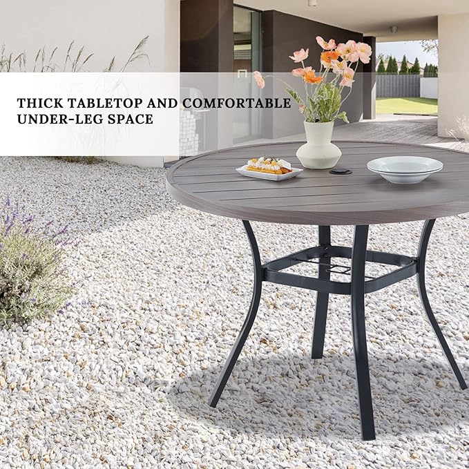 VICLLAX Round Patio Table with Adjustable Umbrella Hole, All Weather Outdoor Round Dining Table for Lawn Garden, 41.2"x 28" Grey Wood-Like Outdoor Coffee Table