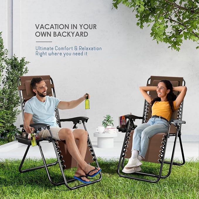 Nestl Zero Gravity Chairs Set of 4, Patio Lounge Chair Outdoor with Pillows & Cup Holder Trays, Adjustable Steel Mesh Reclining Camping Chair, Folding Patio Lawn Chair for Deck, Beach, Yard - Brown