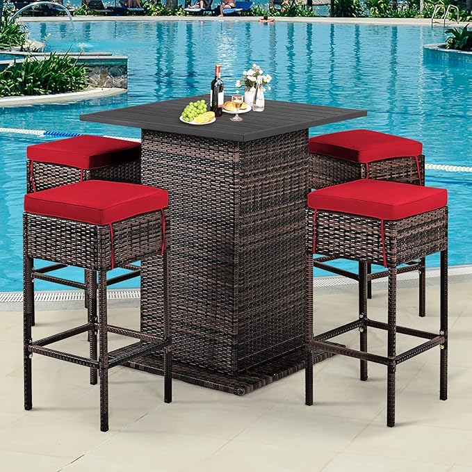 Tangkula 5 Piece Outdoor Rattan Bar Set, Patio Bar Furniture with 4 Cushions Stools and Smooth Top Table with Hidden Storage Shelf, Outdoor Conversation Set for Poolside, Backyard, Lawn (Red)