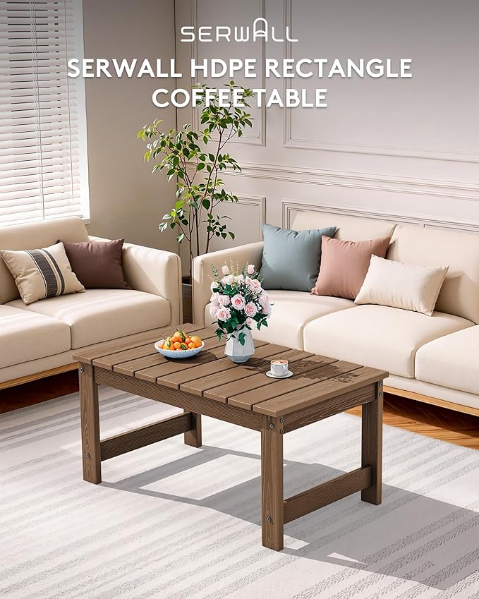SERWALL Outdoor Coffee Table with 1.69" Umbrella Hole, HDPE Patio Coffee Table for Outside, Rectangle, Brown