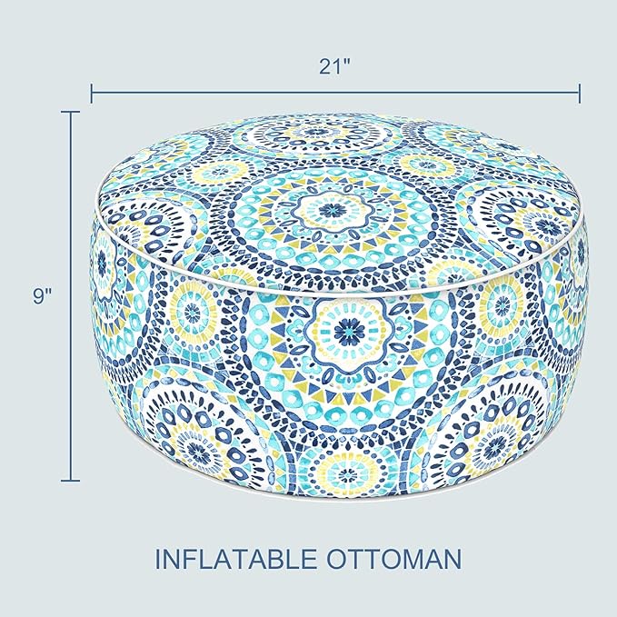 LVTXIII Indoor/Outdoor Inflatable Ottoman with Handle D21 x H9 Inch, Weather-Resistant Round Footstool Pouf for Patio Camping Living Room, Portable Footrest Extra Seating, Delancey Lagoon