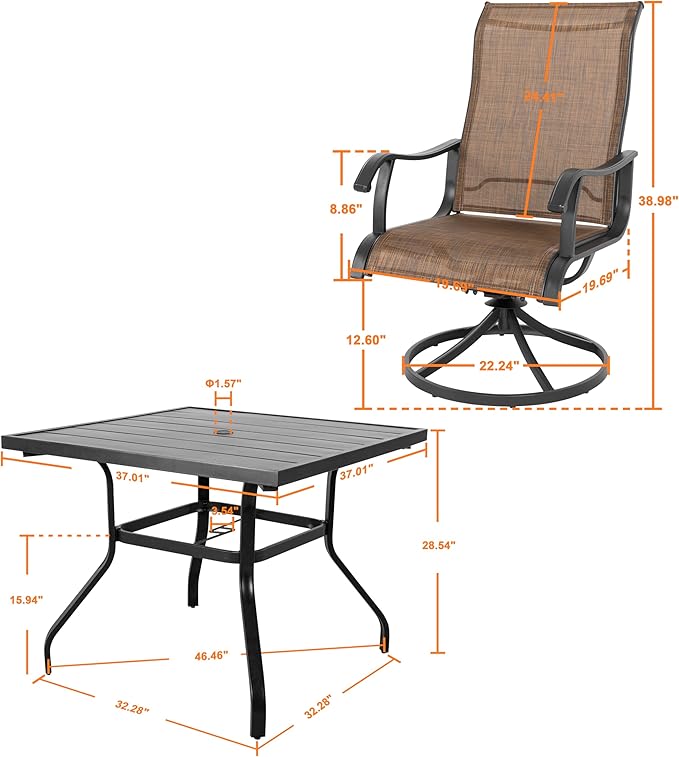 NUU GARDEN Outdoor Dining Set 5-Piece Patio Set with Weather-Resistant Table and 4 Textilene Swivel Chairs for Yard, Deck and Poolside, Brown and Black