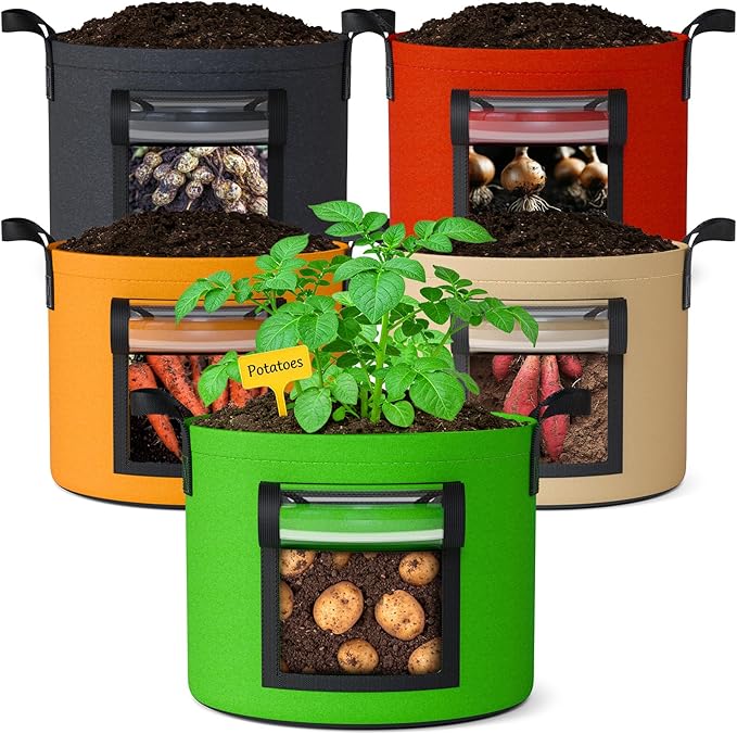 5 Gallon Potato Grow Bags: Set of 5 Colorful Gardening Supplies Fabric Pots with Harvest Window Reinforced Handles - Planting Container for Vegetable Tomatoes Carrot Flowers Balcony Patio Use