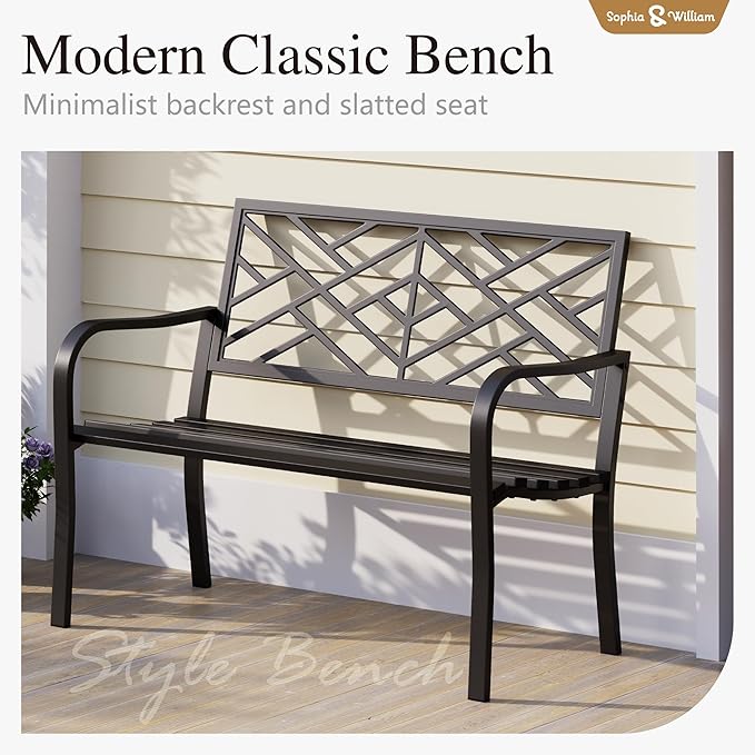 Sophia & William Outdoor Metal Bench Patio Garden Bench, Cast Iron Park Benches for Outside with Minimalist Backrest, Black