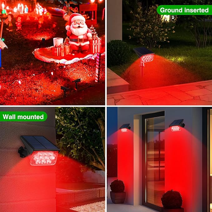 Red Solar Spot Lights Outdoor,20 LED Waterproof IP65 Solar Landscape Light Adjustable Panel Spotlights for Wall Tree Yard Garden Halloween Christmas Lighting 4 Pack