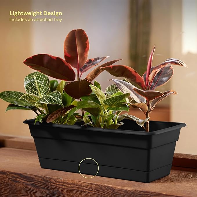 Bloem Dura Cotta 18" Black Resin Rectangle Window Box Planter with Saucer Tray for Indoor and Outdoor Gardening