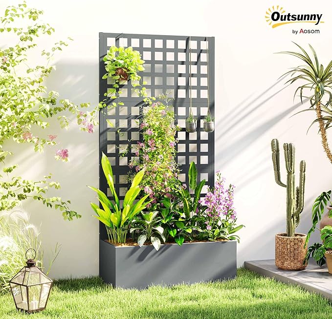 Outsunny Galvanized Raised Garden Bed with Trellis, Metal Planter Box with Drainage Holes, Outdoor Privacy Screen for Climbing Plants, Vegetable, Vines, 35" x 16" x 70", Gray Wood Effect