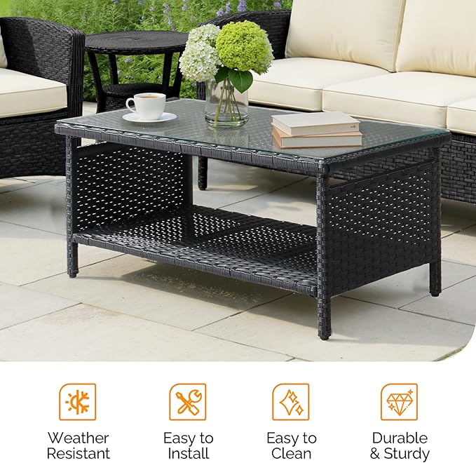 VINGLI Outdoor Wicker CoffeeTable Patio Coffee Tables for Outside, Tempered Glass Top Wicker Table with Storage Coffee Table for Patio Balcony Porch Deck (Black)
