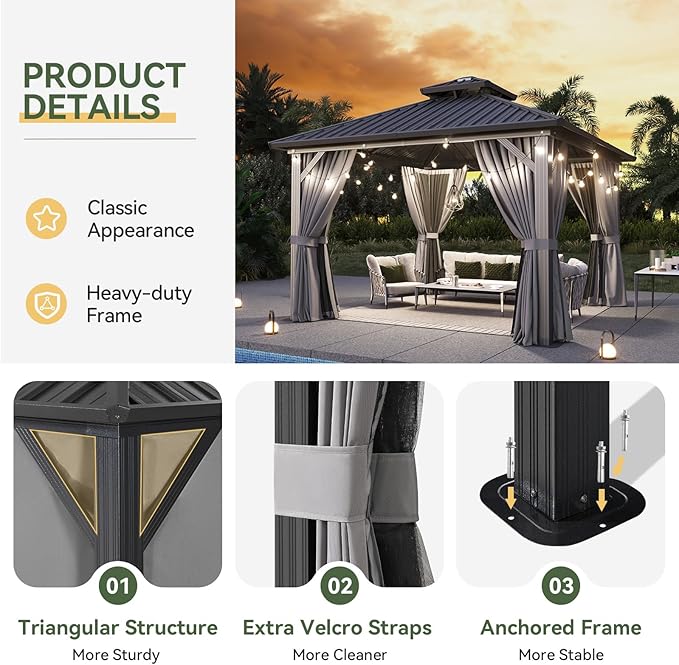 Aoxun 12'x12' Hardtop Gazebo, Aluminum Frame Canopy with Double Galvanized Steel Roof, Outdoor Metal Pavilion with Netting, Curtains for Backyard, Patio and Deck