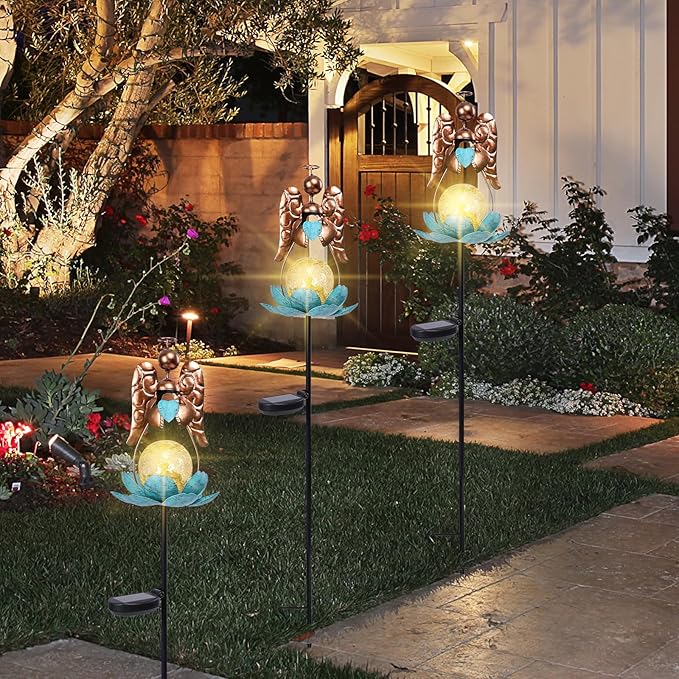 Solar Garden Lights Metal Flower Decor Colorful Solar Pathway Light with LED Cracked Crystal Ball Outdoor Decorative Stake for Patio Yard Lawn Garden Decor (Angel)