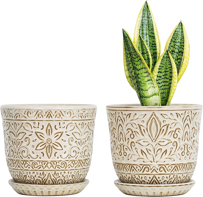 Gepege 6 Inch White Ceramic Planter, Plant Pot with Drainage Holes and Saucers for Indoor Plants, Birthday for Women Mom