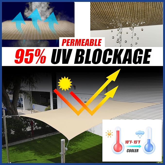 ShadeMart 12' x 20' Beige Sun Shade Sail UPF50 Rectangle Canopy Fabric Cloth Screen smTAPR1220, Water and Air Permeable & UV Resistant, Heavy Duty, Carport Patio Outdoor - (We Customize Size)