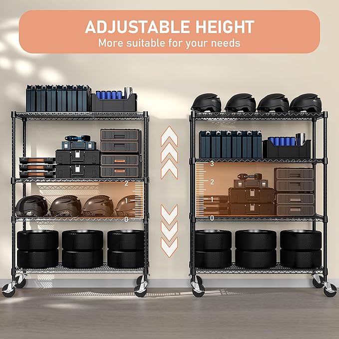 53" W Storage Shelves 1760LBS 4 Tier Metal Shelving Unit with Wheels Heavy Duty Garage Shelving Adjustable Wire Shelves for Pantry,Kitchen,Garage,Basement,Black 23.6" D x 53.2" W x 73.6" H