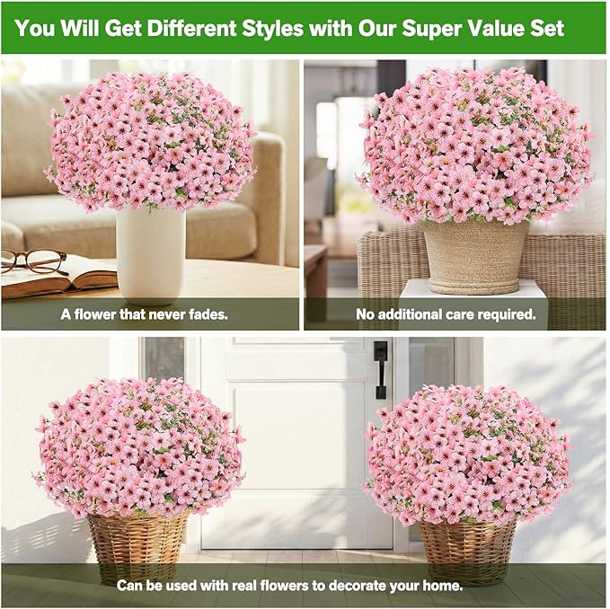 Artificial Flowers for Outdoor Indoor,Silk Flowers No Fade Fake Plastic Flowers Faux Plants for Outdoors Outside Front Porch Hanging Planter Window Box Garden Home Decoration,13 Bundles(Pink)
