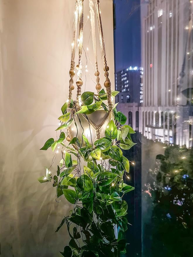 Comtelek Fake Hanging Plants with Lights Artificial Plants for Home Decor Macrame Plant Hanger with Fake Vines Faux Hanging Planter for Wall Ceiling Bedroom Bathroom Kitchen Office Boho Decor Indoor