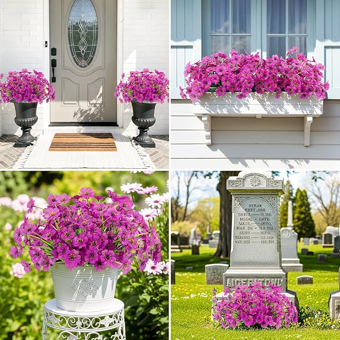MACTING 24 Bundles Artificial Flowers for Outdoors Fake Flowers UV Resistant Faux Plastic Plants No Fade for Planters Window Patio Porch Home Garden Outside Spring Summer Decorations(Purple)