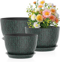 12/10/9 inch Large Plant Pots, 3 Pack Wide Flower Pots for Outdoor Indoor Plants, Water Ripples Plastic Planters with Drainage Holes and Saucers for Garden House, Black with Green Speckles
