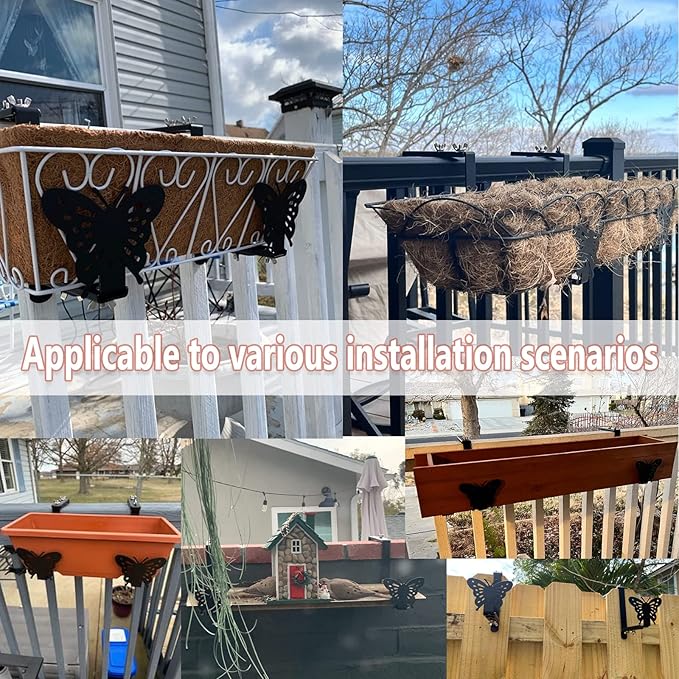 Planter Box Bracket, Adjustable Hang Window Box Holder with Butterfly, Hanging Flower Pot Stand Brackets for Outdoor Patio Garden Fence Pergola Balcony Supporting Heavy Planters-4Pack