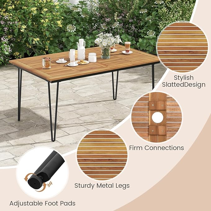 Tangkula 63" Large Patio Dining Table for 6, Acacia Wood 6-Person Dining Table with 2" Umbrella Hole & Metal Legs & Adjustable Foot Pads, Rectangular Outside Table for Garden, Poolside & Backyard