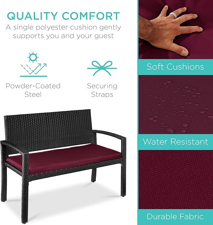 Best Choice Products Outdoor Bench 2-Person Wicker Garden Patio Benches Seating Furniture for Backyard, Porch w/Seat Cushion, 700lb Capacity - Deep Burgundy/Black