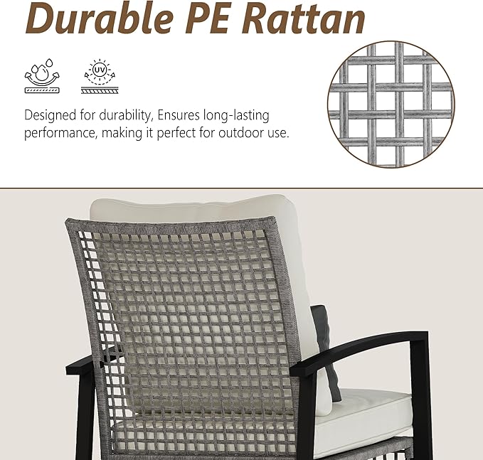 3 Piece Patio Rocking Chairs Set of 2, Outdoor Rocking Chair Bistro Set with Tempered Glass Coffee Table and Thick Lumbar Pillow Set, Front Porch Chairs for Garden, Backyard (Gray Rattan)