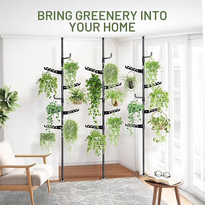 Tension Rod Plant Stand, Plant Poles for Hanging Plants Indoor, Metal Tension Pole Plant Stand with 6 Hangers, Floor to Ceiling Hanging Plants Stand(Fit 3.6-10ft)