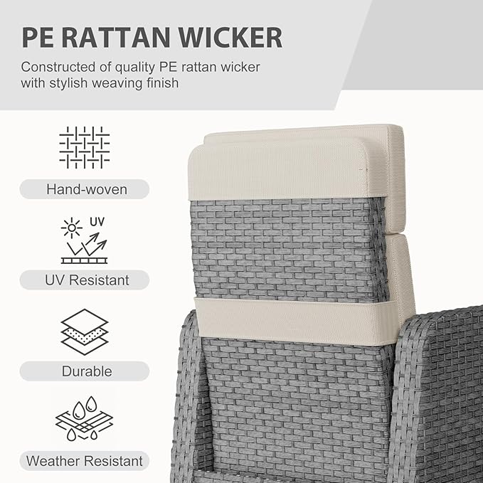 Restland Outdoor Recliner with Independent Adjustable Back & Footrest Wicker Patio Reclining Chair with Flip Table Comfortable Lounge Chair & Thick Cushion for Deck, Porch (3 Piece, Beige)