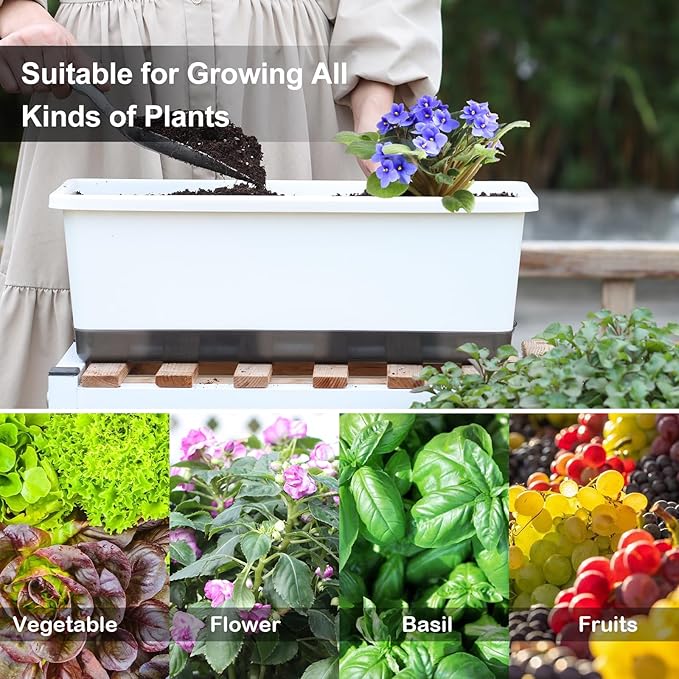 Window Box Planter 8 Pcs, 17 Inches Rectangle Flower Pots with Drainage Holes & Trays, Vegetable Planters for Windowsill Patio Garden Balcony Home Indoor Outdoor (White, 16 * 7 * 6 inch)
