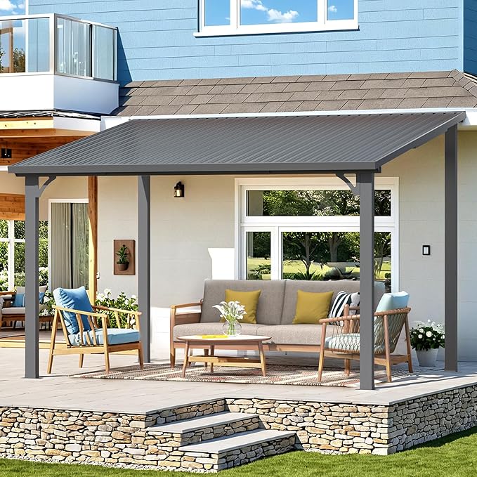 AECOJOY 12' x 8' Outdoor Hardtop Gazebo Pergola for Patio, Large 8x12 Galvanized Steel Heavy Duty Lean to Wall-Mounted Pergolas and Gazebos Clearance, Metal Patio Roof Awnings for Backyards, Decks
