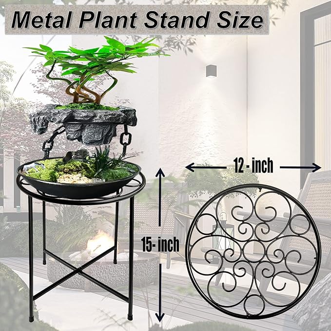 Plant Stand, 15'' Tall Indoor Outdoor Set of 1, Retro Design Round, Rust-Proof Coated Metal Pot Stand for Flowers, Patio Garden Home Decor - Black