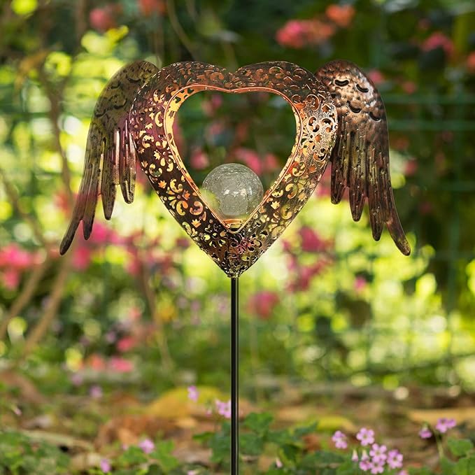 KAIXOXIN LEDs Solar Heart Stake Lights for Garden Metal Warm White, Memorial Gift - Perfect as Remembrance & Sympathy Gifts (Heart-Bronze)