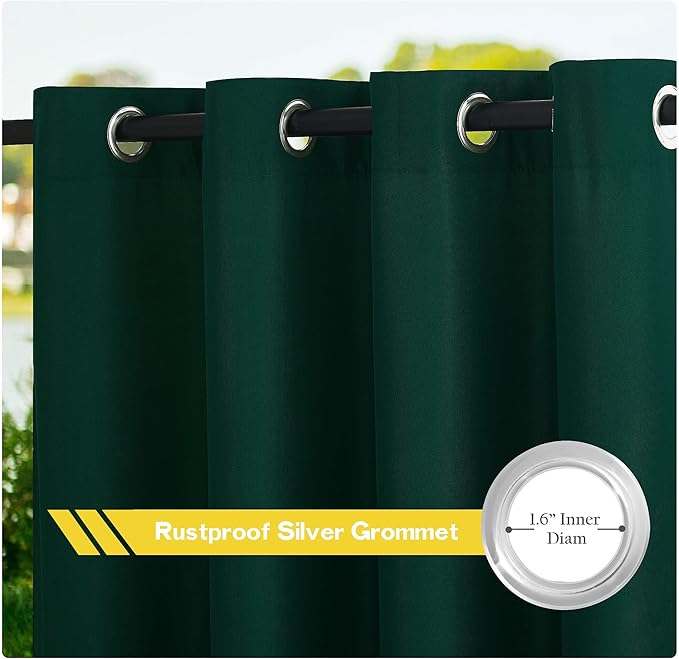 NICETOWN 2 Panels Outdoor Curtains for Patio Waterproof 108" Long, Stainless Steel Silver Grommet Privacy Drapes for Outdoor Living/Pergola, Dark Green, W55 x L84 per Panel