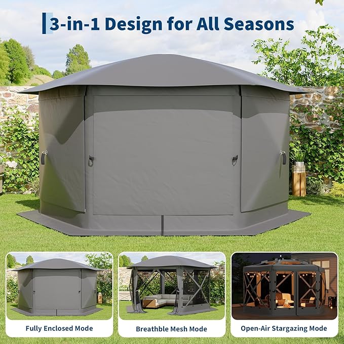 13x13FT 6-Sided Pop Up Gazebo Tent，One-Push Setup Canopy Tent with Removable Canopy Top & Wind Cloths, Outdoor shelter for Camping, Backyard Parties, Outdoor Events - Grey