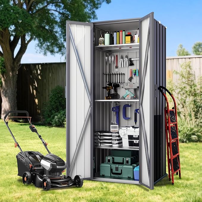 Greesum Outdoor Metal Storage Cabinet, 69'' Lockable Tall Shed, Vertical Tool Organizer with 2 Adjustable Shelves, for Garage, Patio, Backyard, Home & Lawn, Black