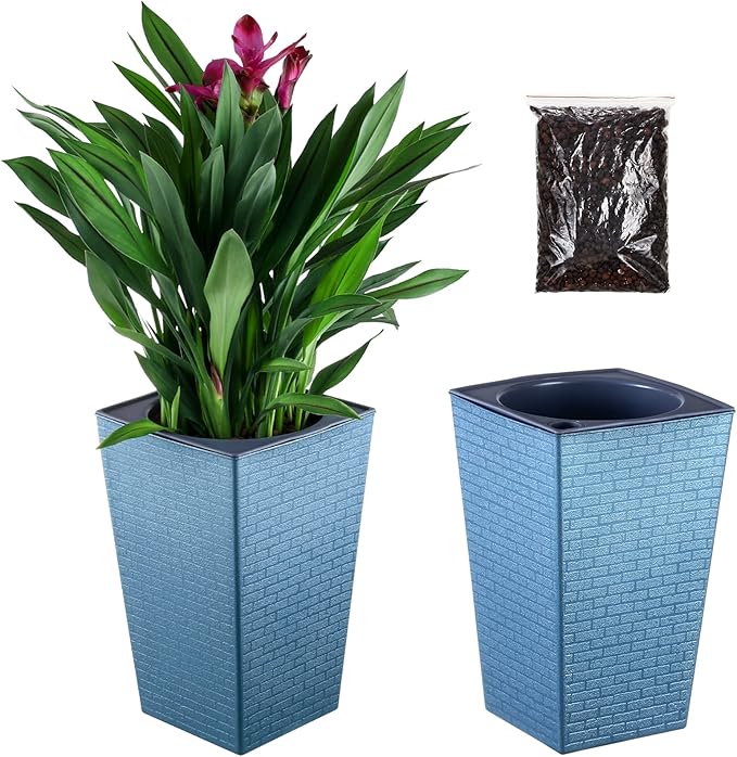 2 Pack Self Watering Planters 10.7" x 6.9" Planter for Indoor Plants Self Watering Violet Pots Plastic Flower Pots Square Planter with a Bag of Clay Pebbles, Blue
