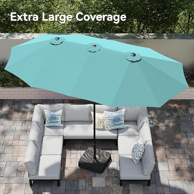 PHI VILLA 15ft Large Patio Umbrellas with Base Included, Outdoor Double-Sided Rectangle Market Umbrella with Crank Handle, for Poolside Lawn Garden, Turquois
