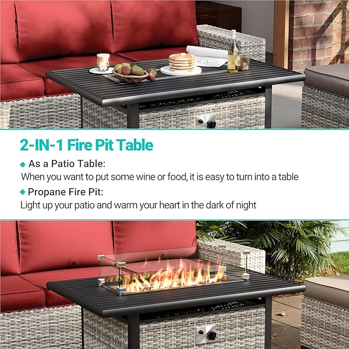 9-Piece Outdoor Patio Furniture Set with 55,000 BTU Fire Pit Table, PE Wicker Rattan Sectional Sofa Patio Conversation Set with Ottomans & Coffee Table, Red